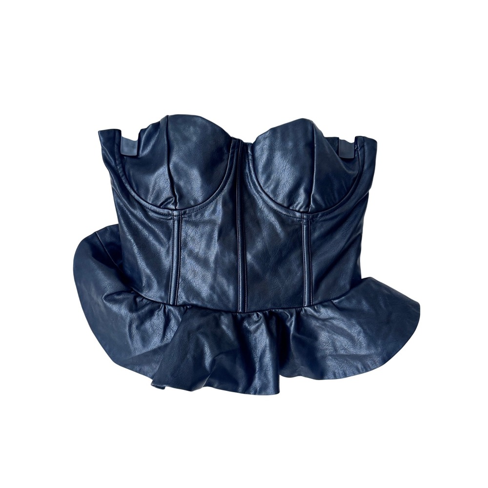 Olivaceous Black Faux Leather Corset Peplum Top Sweetheart Bustier Small